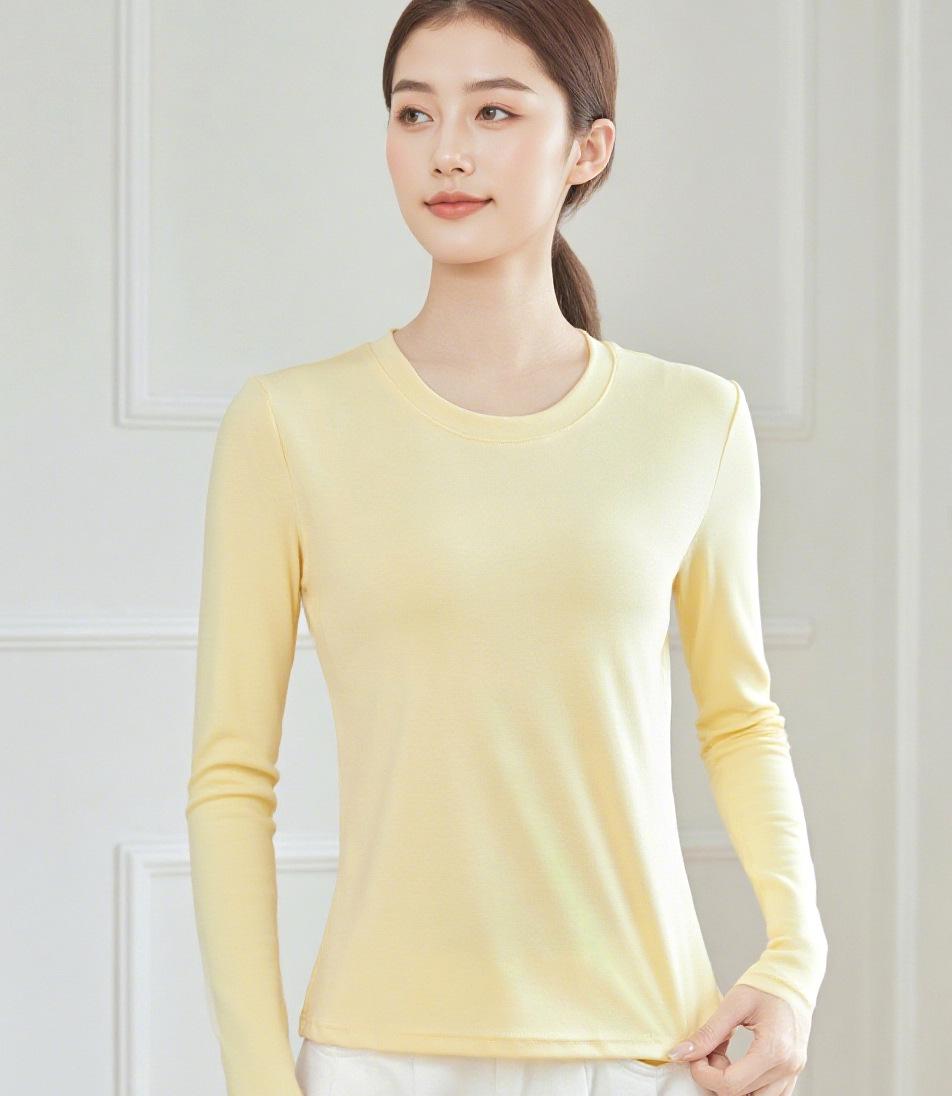 

Women s Slimming Lyocell Tencel Long Sleeve Round Neck Base Top - Solid Color Large светло-желтого