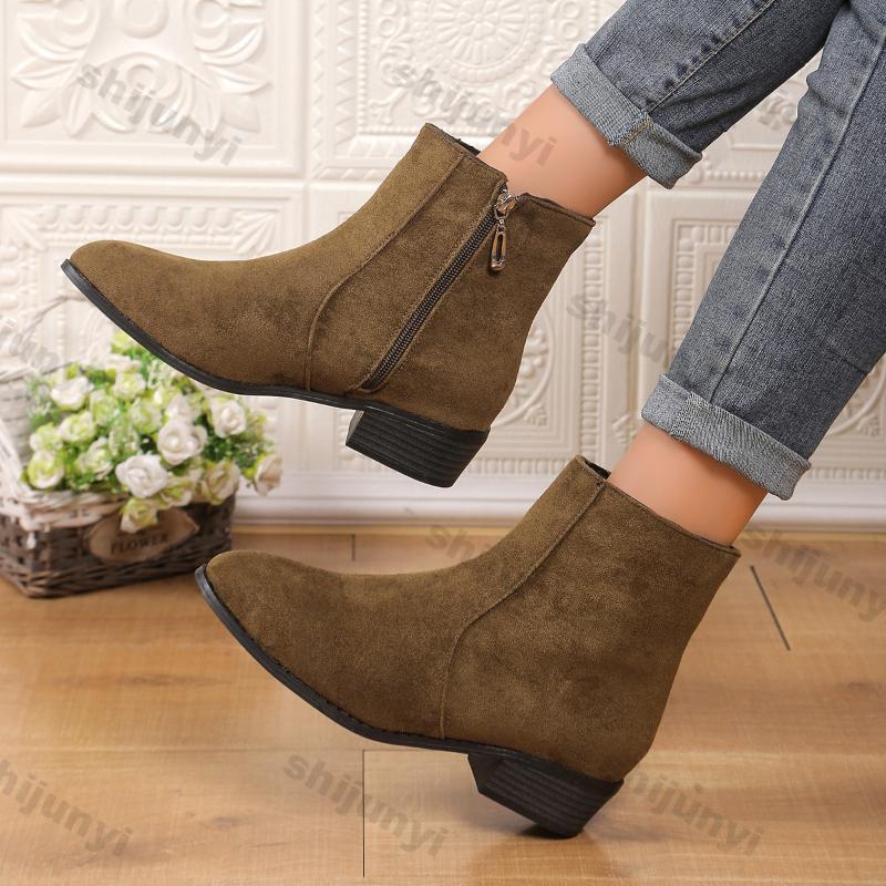 Fashion Women's Fashion Thick Heel Boots Autumn Winter New Round Head Thick Sole Non-slip Short Boots Size Zipper Suede Short Booties