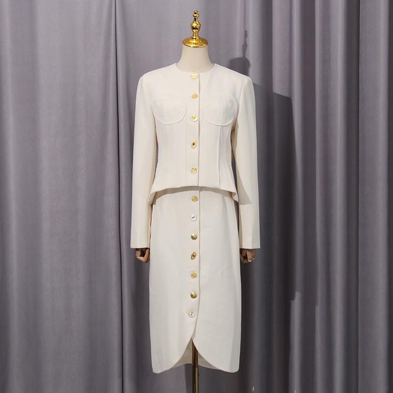 Costum Elegant Ușor Luxos din Două Piese cu Gât Rotund Mânecă Lungă Top Talie Fustă Femei