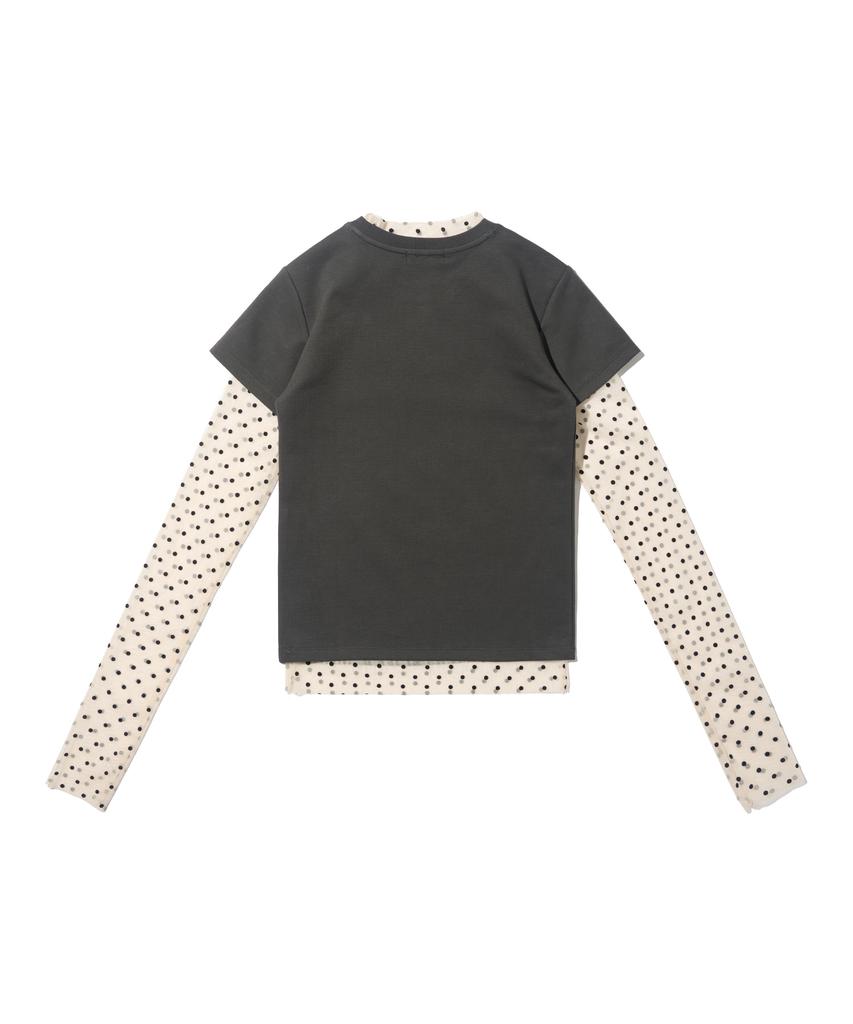 CARGOBROS FOR WOMAN Dot See-Through Long Sleeve Layered Short Sleeve Tee Set (Ivory/Charcoal)