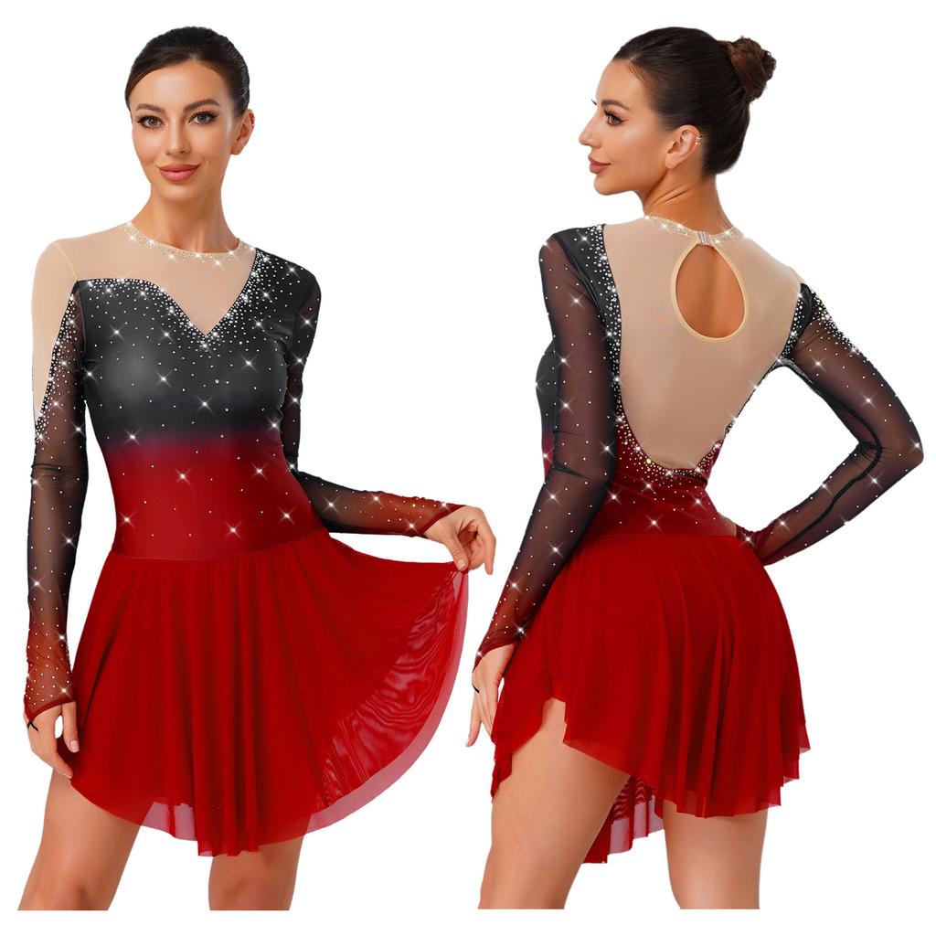 Abito per Pattinaggio Artistico da Donna S-XXL: Tessuto Glitterato Sfumato con Patchwork di Rete Trasparente e Slip Interni Pratici