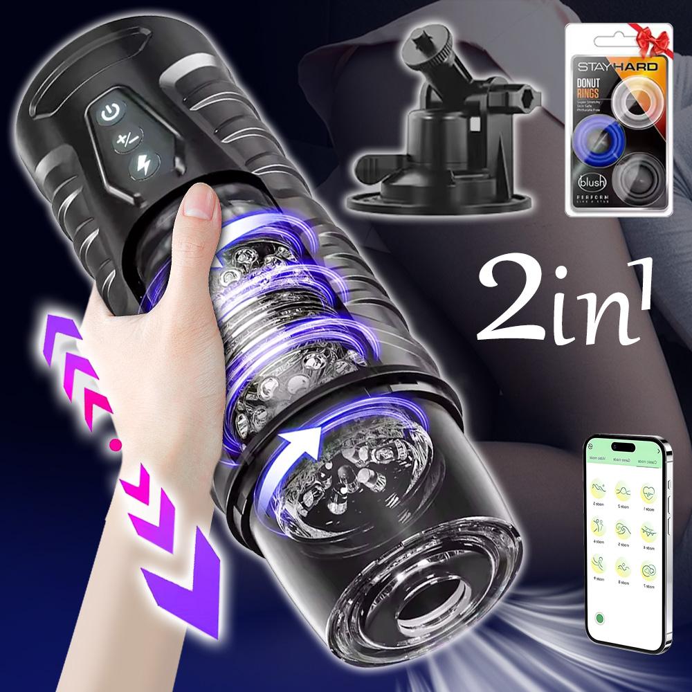 Electric Penis Pump with 7 Insertion and 7 Rotation Modes, Hands-Free Pocket Pussy Sex Machine with Visual Window Q Suction Base Male Masturbator