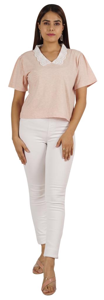 Moomaya Dámský top s krajkovým límečkem Petra Pana, hladký žerzejový krátký ležérní T-shirt