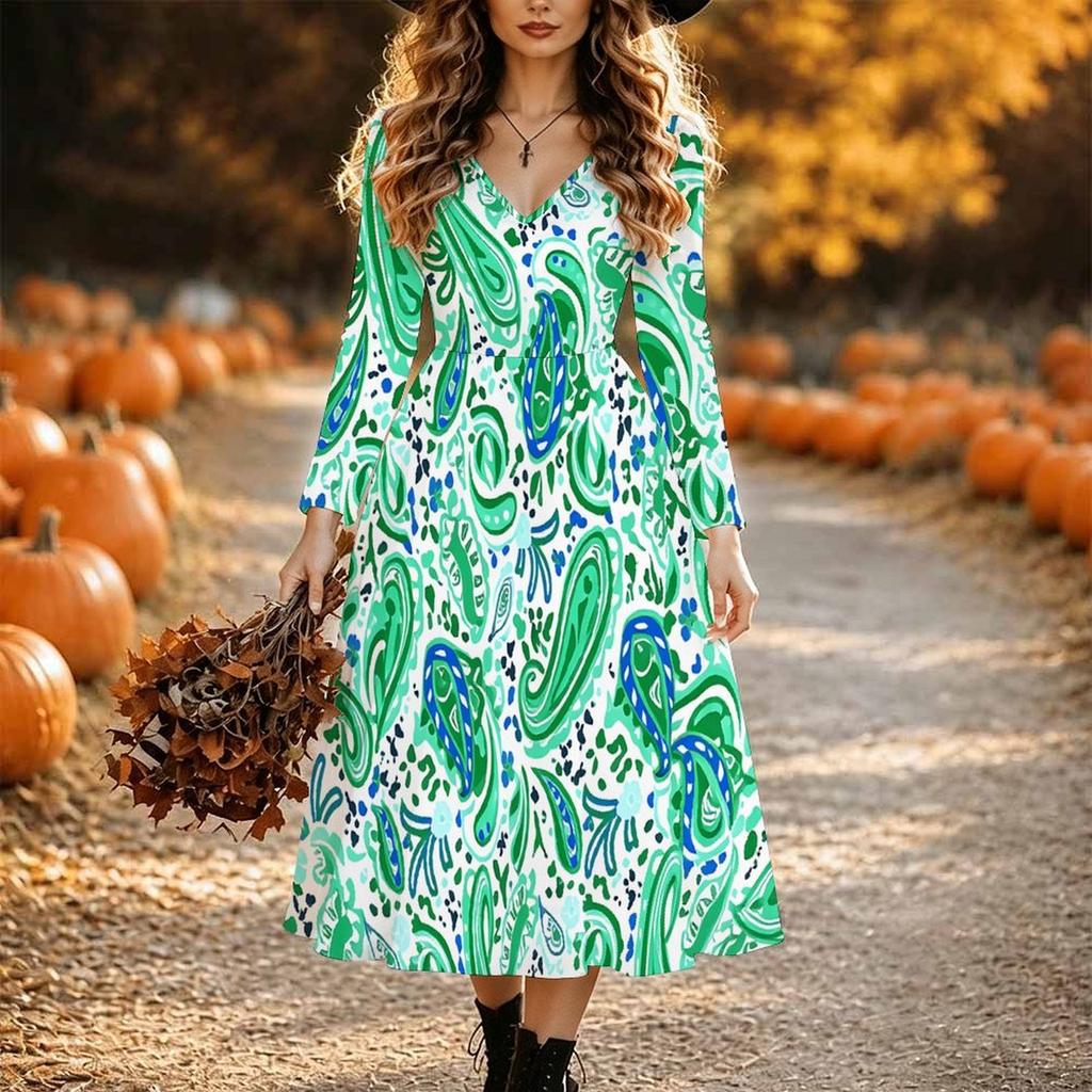 Halloween Women's Tie Dye Print Midi Dress A Line Dress Vacation Casual Daily Regular Fit  Long Sleeve V Neck Black  Spring Fall