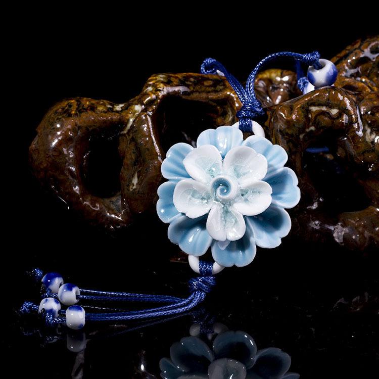 Classical Ceramic Blue and White Porcelain Peony Flower Necklace Women's Literary Retro Versatile Long Sweater Chain Accessories