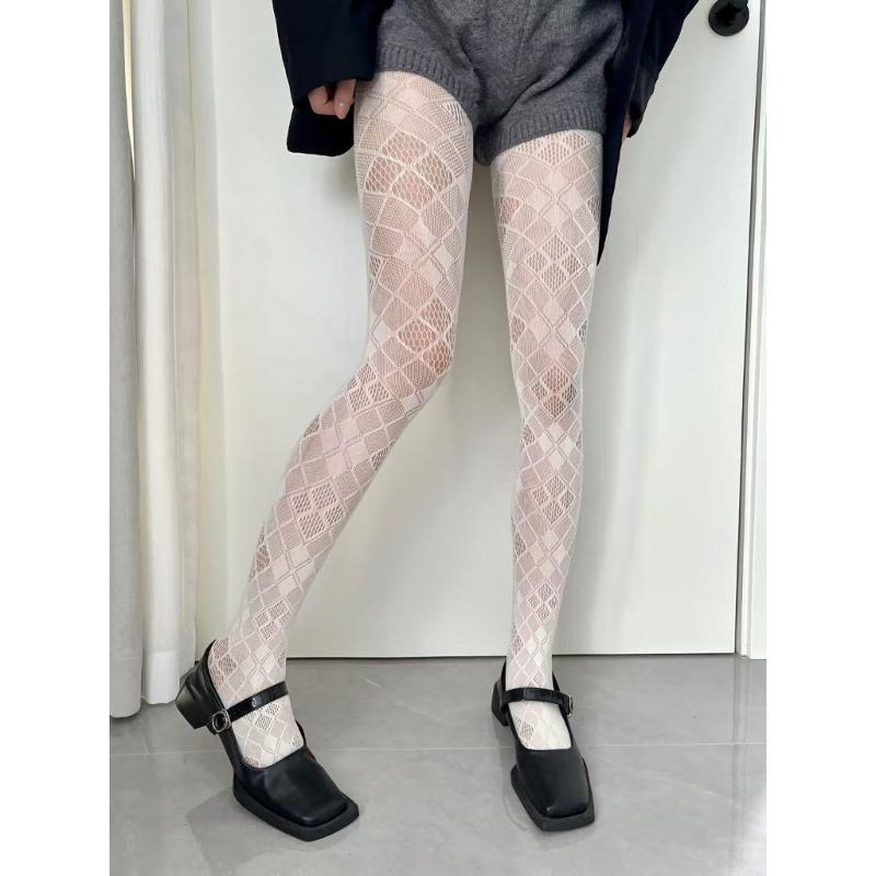 Women Japanese See Through Fishnet Pantyhose Stockings Gothic 90s Checkered Grid Pattern Bottoming Leggings Mesh Tights