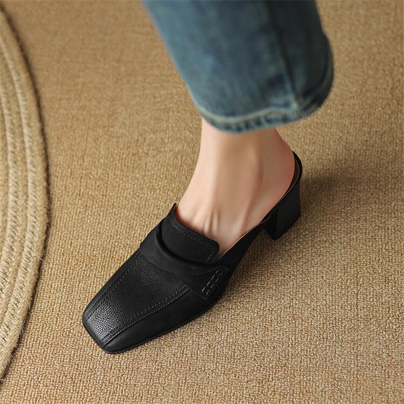 Fashion 2025 Summer Women Shoes Genuine Leather Shoes Women Simple Retro Women Slippers Chunky Heel Shoes Square Toe Slippers Mules