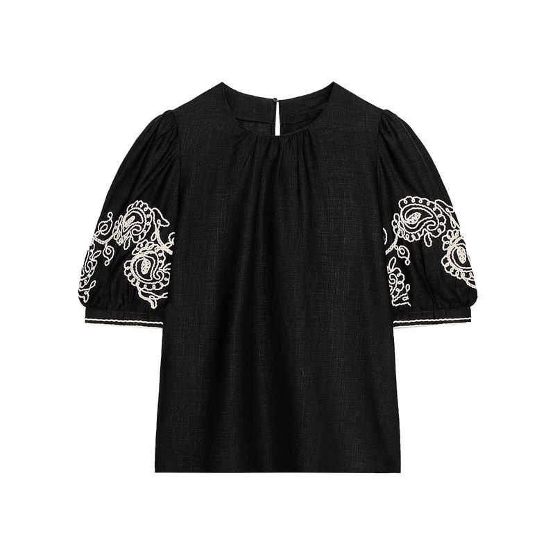 Zaprha 2025 Summer New Western Style Linen Blend round Neck Puffy Short sleeve Embroidery Top 2731105