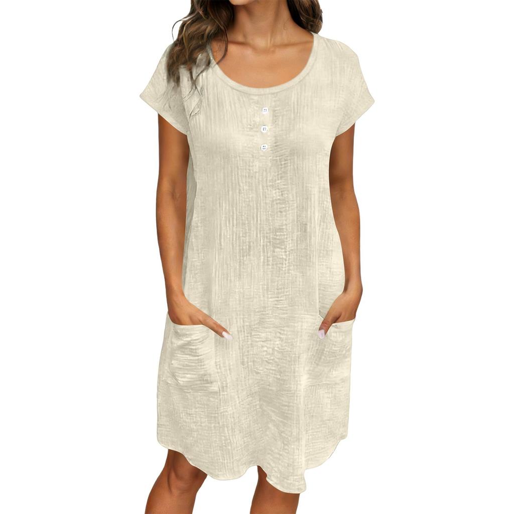 Women Short Sleeve Button Front Casual Loose Fit Dress with Pockets Round Neck Summer Lightweight Tunic Dress