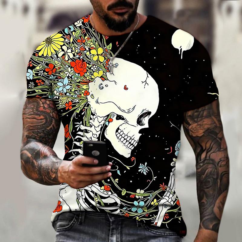 2023 Brand Men’s Shirt, Round Neck T-shirt, 3D Printing, Skull Pattern, Fashion Trend, New Summer Must-have, Oversize