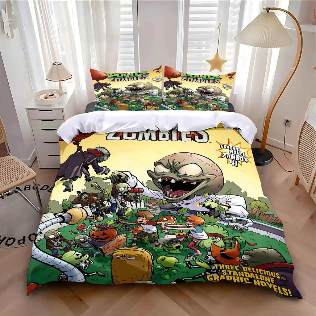 2026 NEW Game Plants Vs Zombie Cute Cartoon Pillowcase Quilt Cover Anime PVZ Sunflower Peashooter Set Bedding Birthday Gift