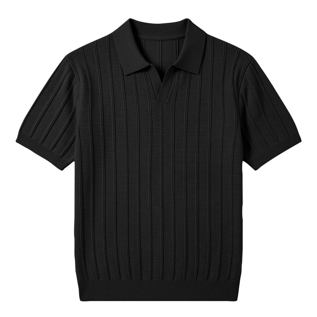 Men’s Short Sleeve Knitted Polo Shirt with Classic Ribbed Texture Casual Lightweight Pullover Top for Everyday Wear