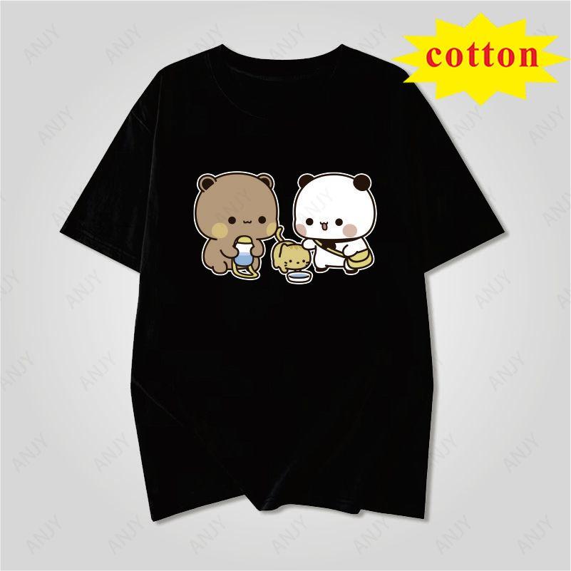 Japanese Soft Cute Animal Tshirt Cute Panda Bear Feeding Cat Pattern Loose Round Neck Top