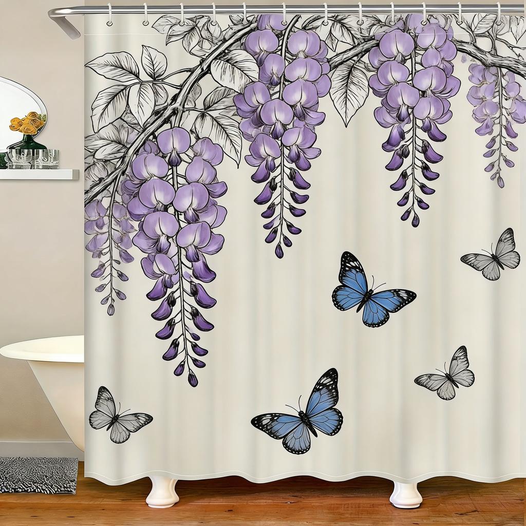 Vintage Moth & Floral Sketch Waterproof Shower Curtain for Bathroom Decor