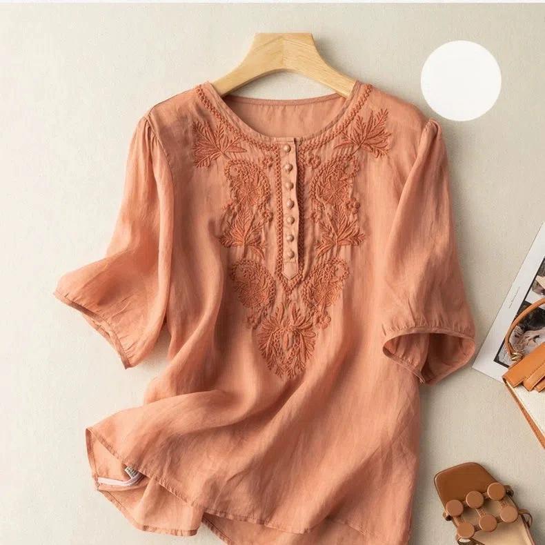 Top da Donna 2025 Estate Manica Corta Design Largo Retro Artistico Ricamato Girocollo Cotone e Canapa Sottile