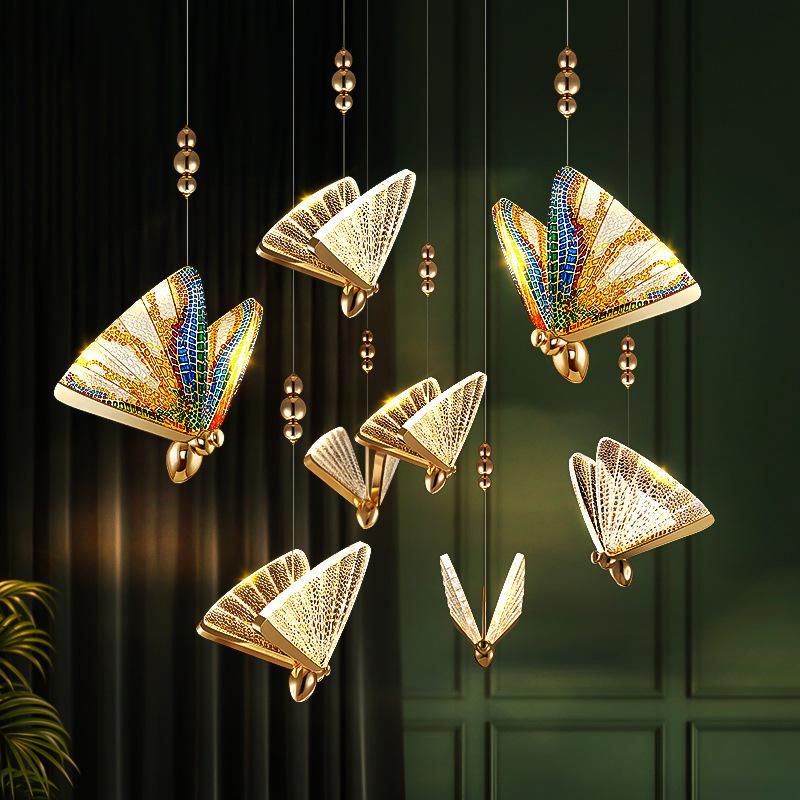 Nordic Duplex Luxury Living Room Background Wall Creative Decoration Rotating Staircase Butterfly Attic Hollow Chandelier