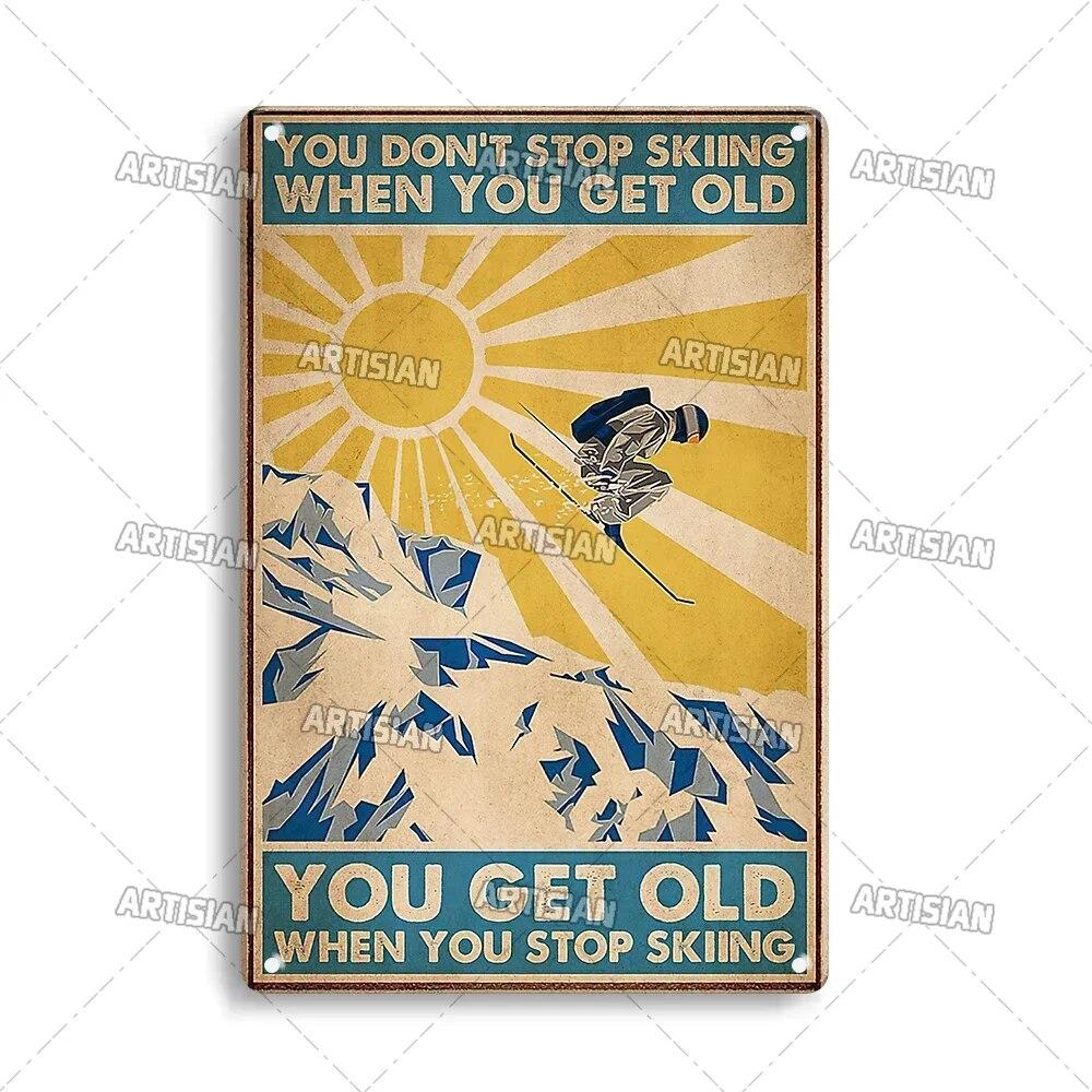 Artisian Skiing Metal Poster Snowboarding Tin Sign Sledding Sport Decorative Plaque Wall Decor Garage Bar Pub Club Hotel Cafe