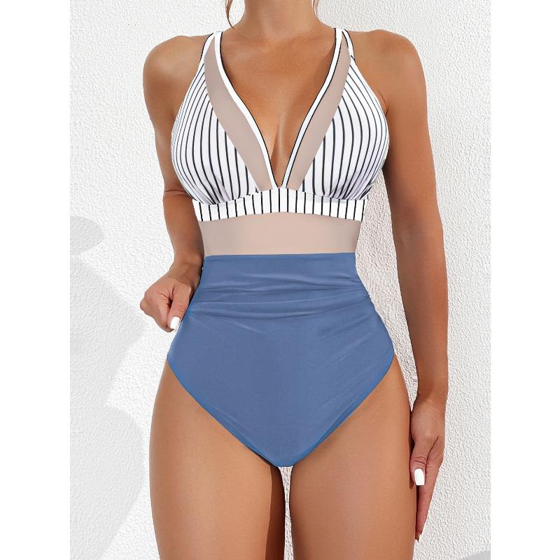 2026 New Bikini European and American Solid Color Mesh Halter Sexy Bikini One-piece Swimsuit Swimsuit
