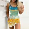 Women's Summer Casual Fashion Printed V Neck Pocket Sling Strap Dress