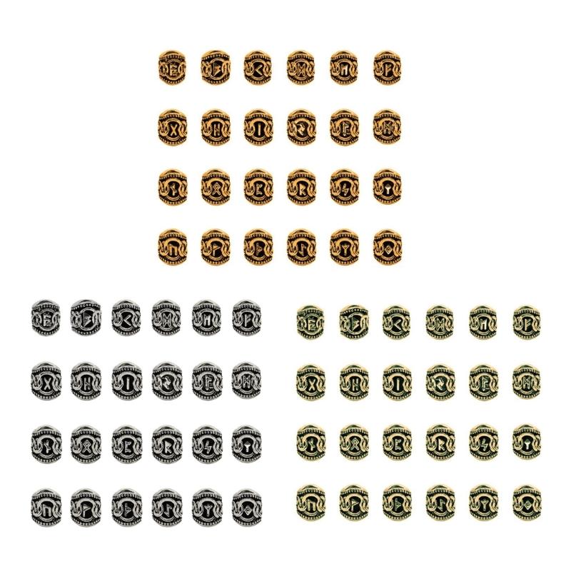 24x Wikinger-Runen-Alphabet-Zeichenperlen Bartperle für Männer Lose Abstandshalterperle DIY Schmuck Haarteil Schmutziges Zopfornament