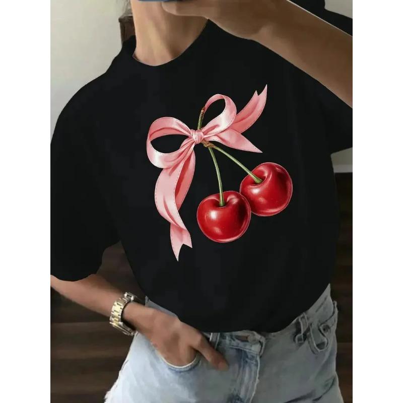 Summer Round Neck 3D Cherry Print Top Fashionable Casual Short Sleeved Women's T-shirts
