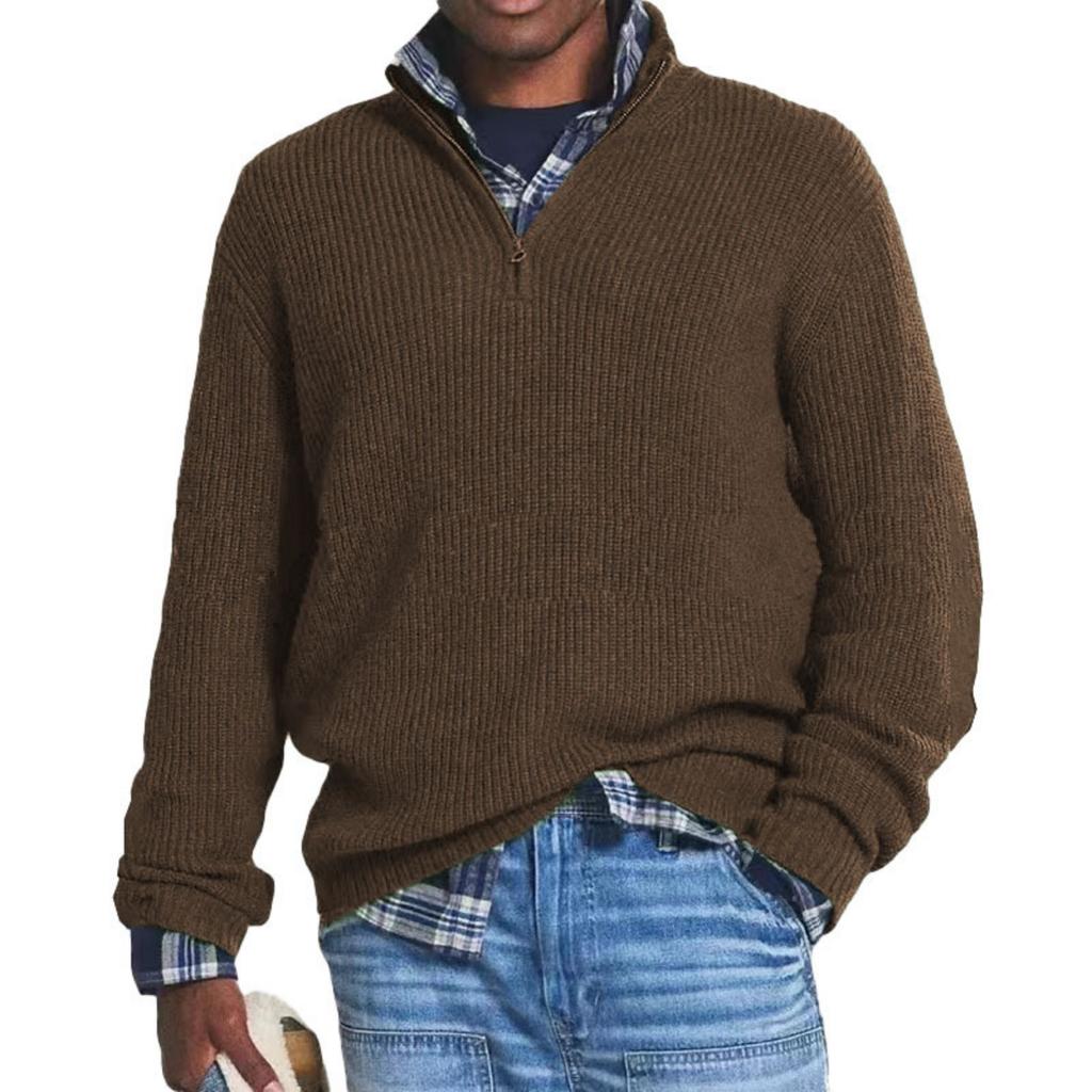 Men's Casual Loose Solid Color Semi-zipper Stand-up Collar Sweater, Men's Warm Long-sleeved Pullover Knitted Sweater