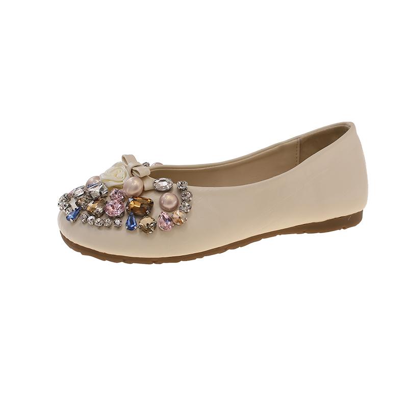 Fashion Flat Single Shoes Autumn New Round Toe Shallow Mouth Slip-on Rhinestone Bow Non-Slip Low Top Shoes