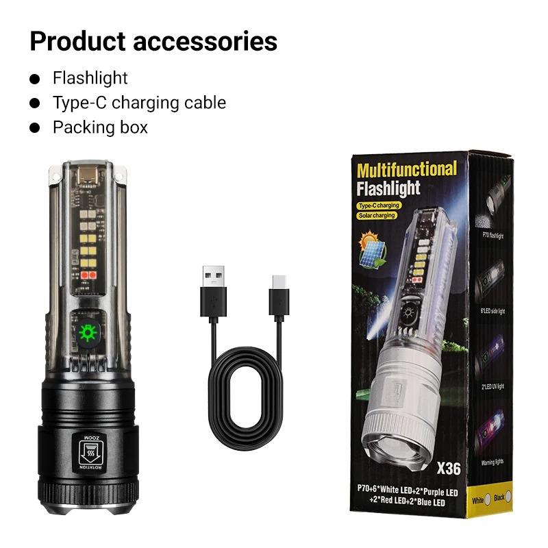 

2800mAh High Power Outdoor Portable Solar Rechargeable LED Flashlights Super Bright Emergency Self Defense Hard Light Camping Zoom Hand Torch Light 1500mAh