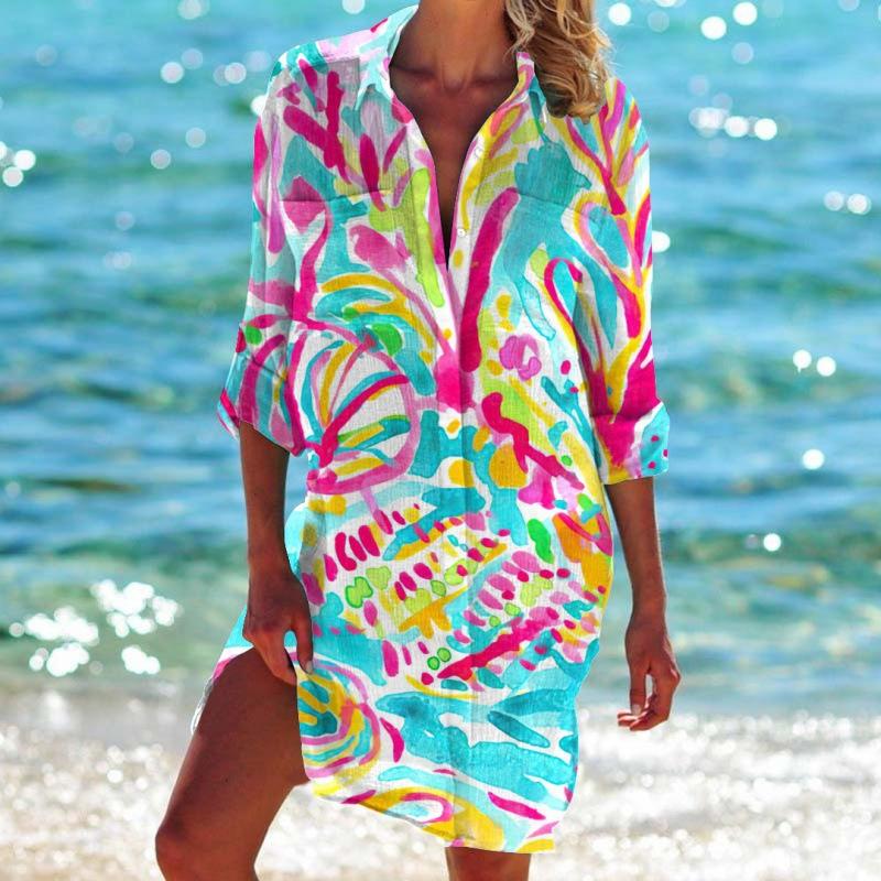 Summer Graffiti 3D Print Blouses Women Long Sleeve Beach Blusas Mid-length Shirts Buttons Shirt Blouse Girl Holiday Pocket Tops