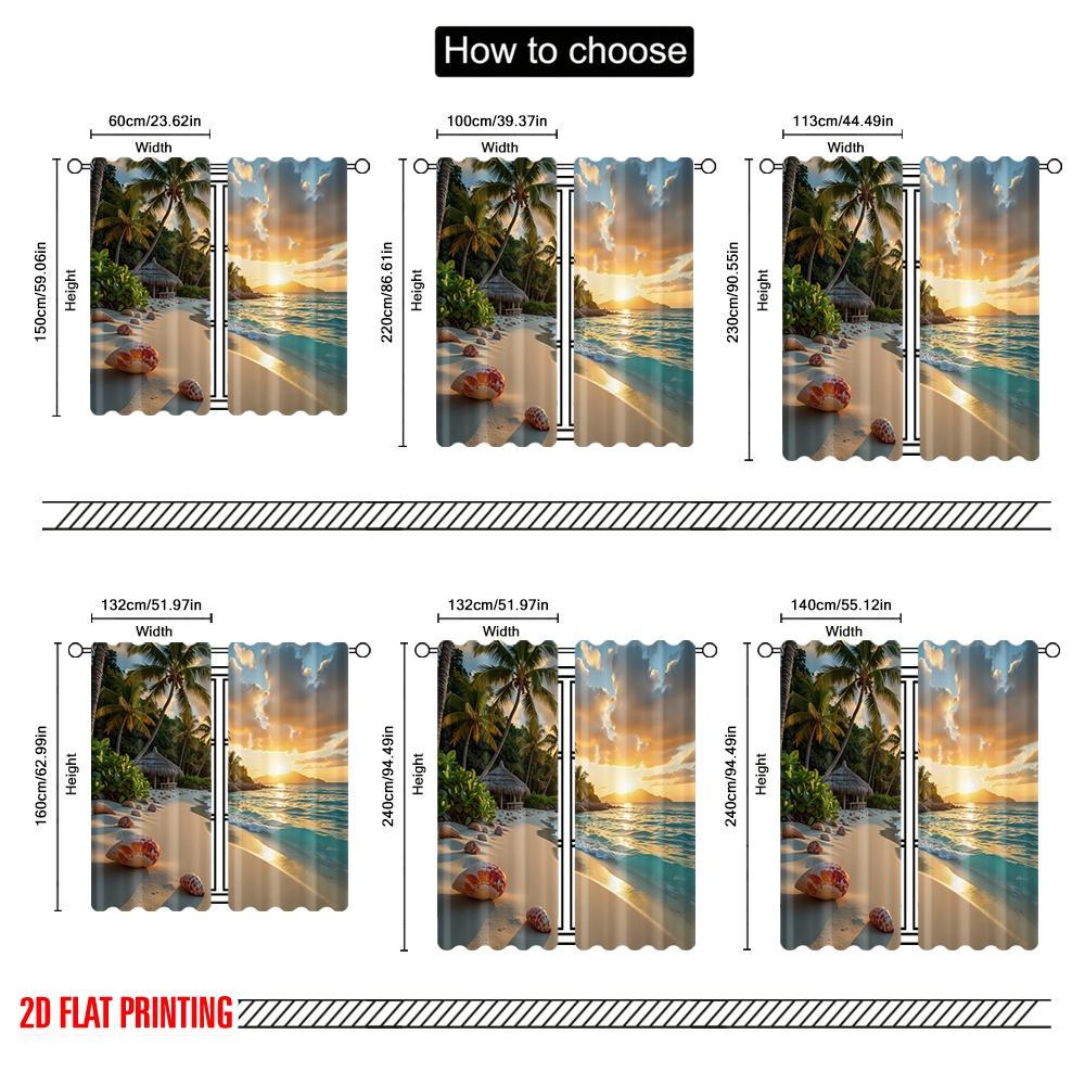 2D flat printing 2pcs Scene Curtains Tropical Island Cottage Scenery Versatile 100% Polyester  Without Electricity Festive