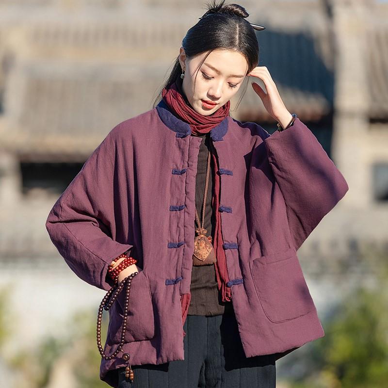 Johnature Chiński Styl Patchwork Kolor Zima dla Kobiet Stójka Guzik Ciepłe Płaszcze Kieszenie Płaszcze