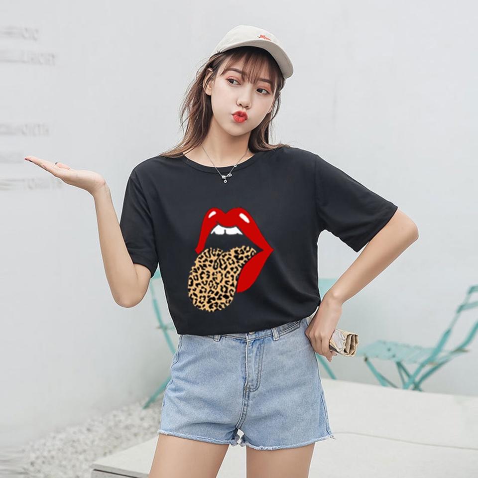 Nová letní trička s červenými ústy a potiskem rtů, vtipné leopardí tričko