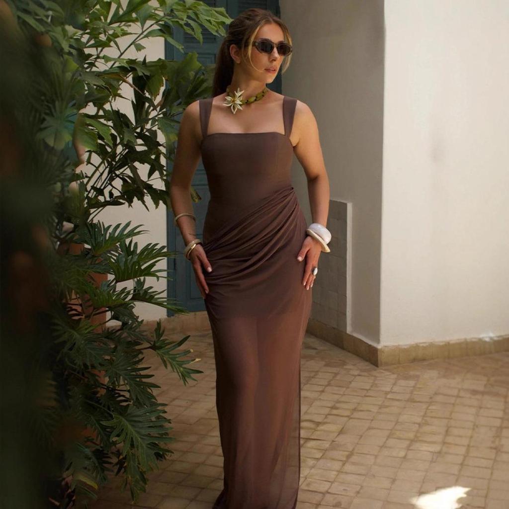 2025 Women's Backless Slim-Fit Dress: European & American Style, Spaghetti Strap, Sexy Shirring Patchwork