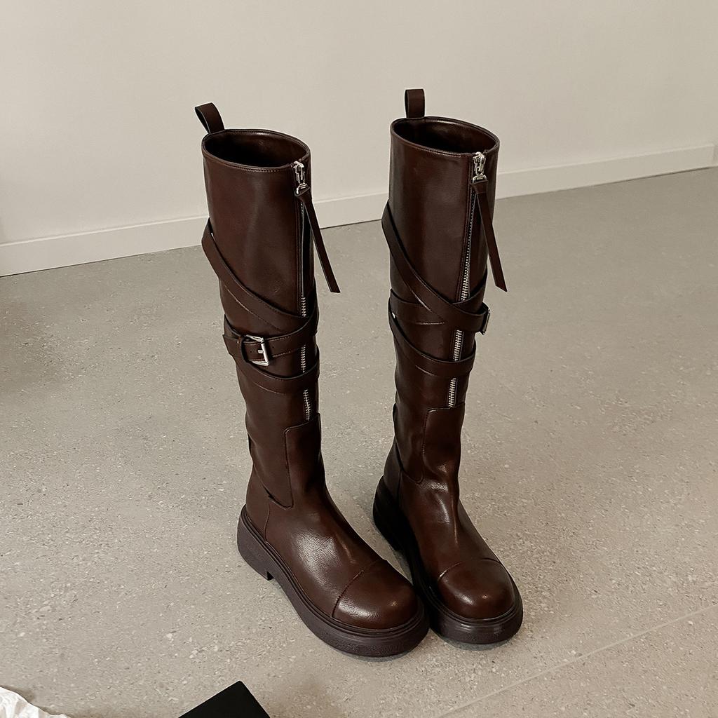 Cowhide version~ platform boots women's British style knight boots retro folded autumn and winter Maillard locomotive boots