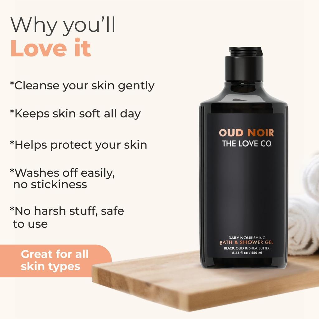 THE LOVE CO Oud Noir Body Wash 250ml | Luxury Oud Shower Gel for Men & Women | Moisturizing Body Wash with Rich Lather | Deep Woody Fragrance, So
