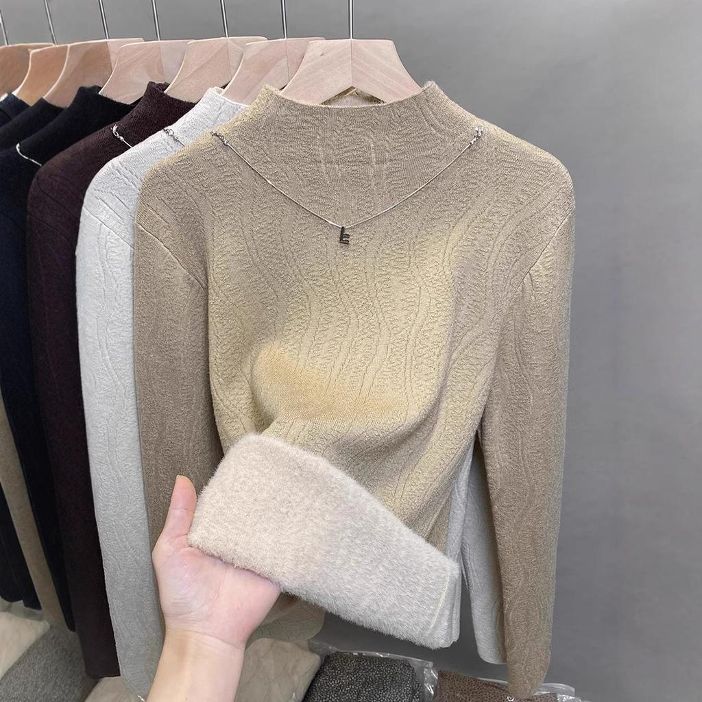 Pulover de catifea dintr-o singură piesă pentru femei, pulover gros de catifea cu gât mediu înalt, pulover tricotat, top interior la modă pentru toamnă și iarnă