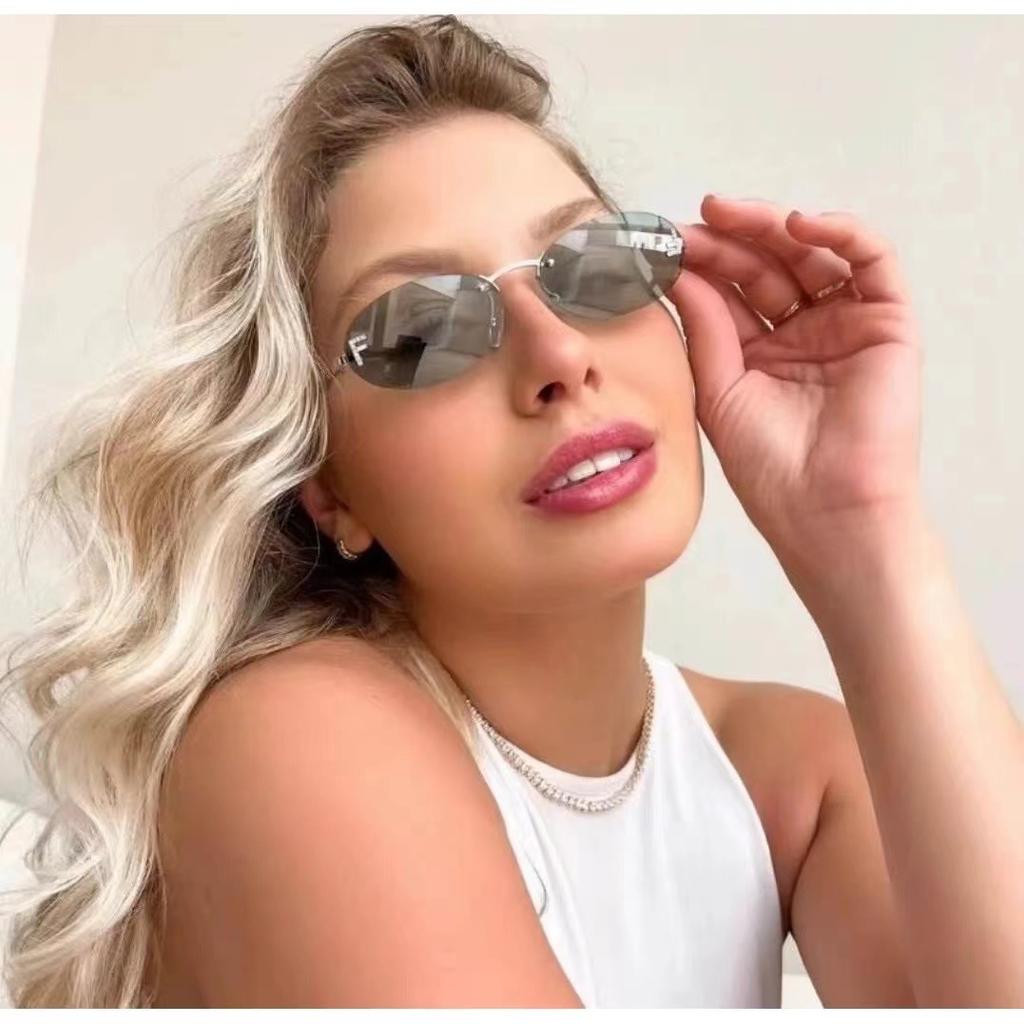 Óculos de Sol Ovais de Diamante Elegantes Masculinos Letra F Armação Sem Aro Femininos Estilosos Proteção UV