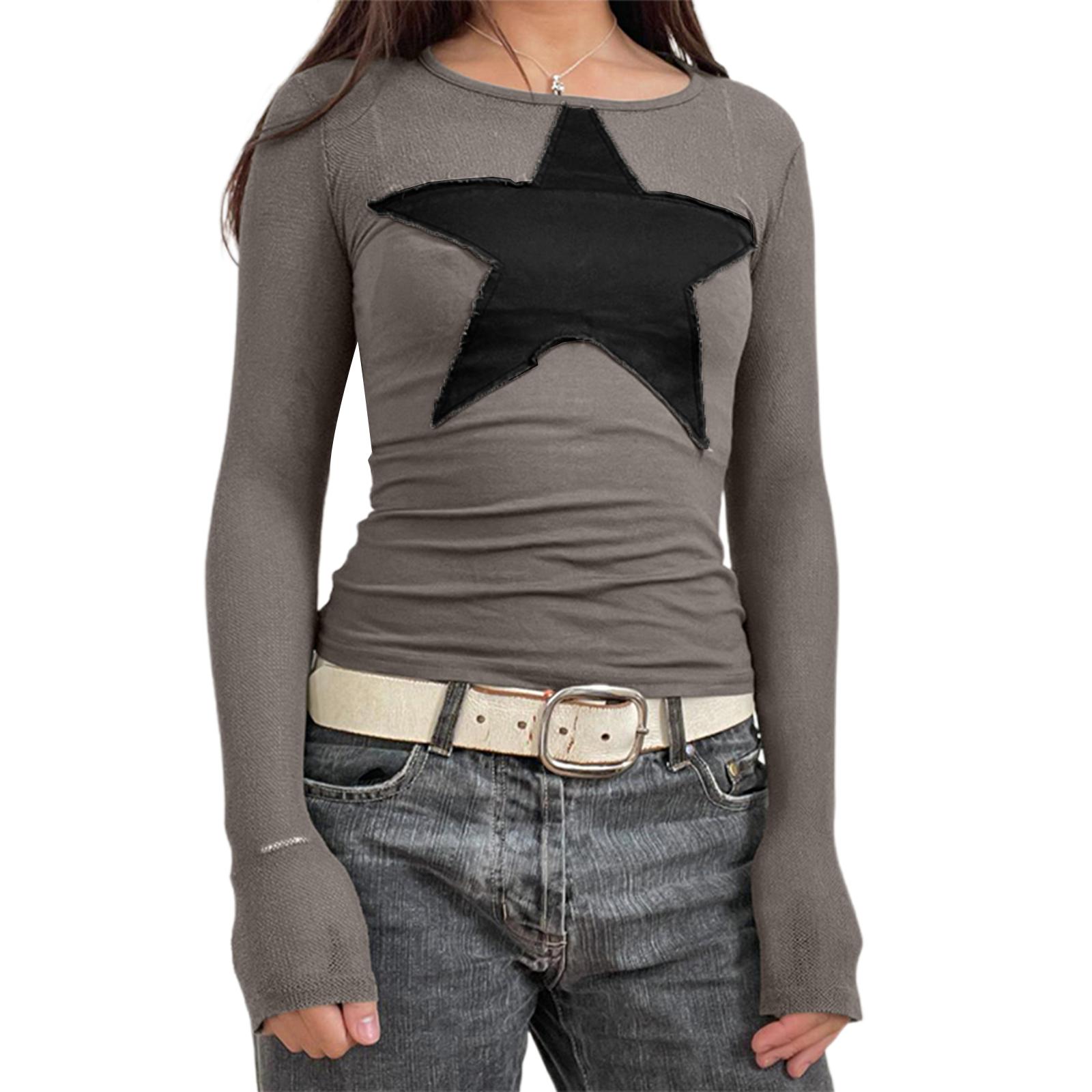 

Женские топы со звездными нашивками, облегающие футболки с круглым вырезом и длинными рукавами, повседневная уличная одежда на осень S чёрный