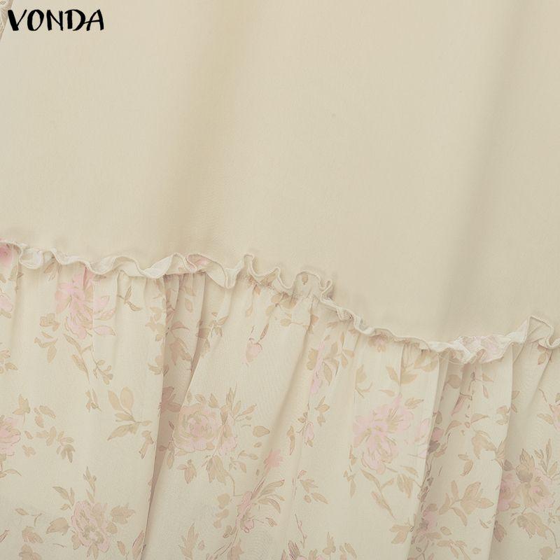 VONDA Summer Women Round Neck Long Sleeve Floral Patchwork Pleated Long Dress