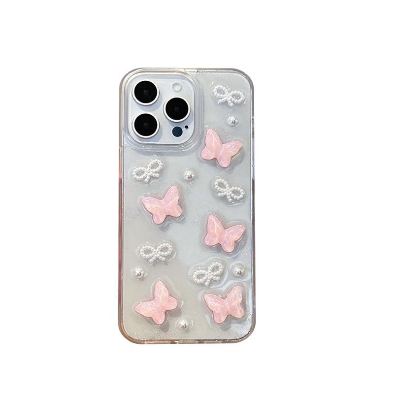 Bow Tie Butterfly Pearl Glitter Pink Phone Case for Apple 16 Promax Transparent for IPhone 17 Small Fresh and Fashionable