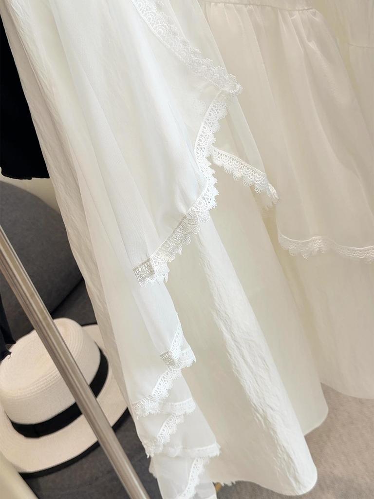 Spring 2026 Irregular Lace Trim Mesh Midi Skirt: High-Waist, Slimming A-Line for Women