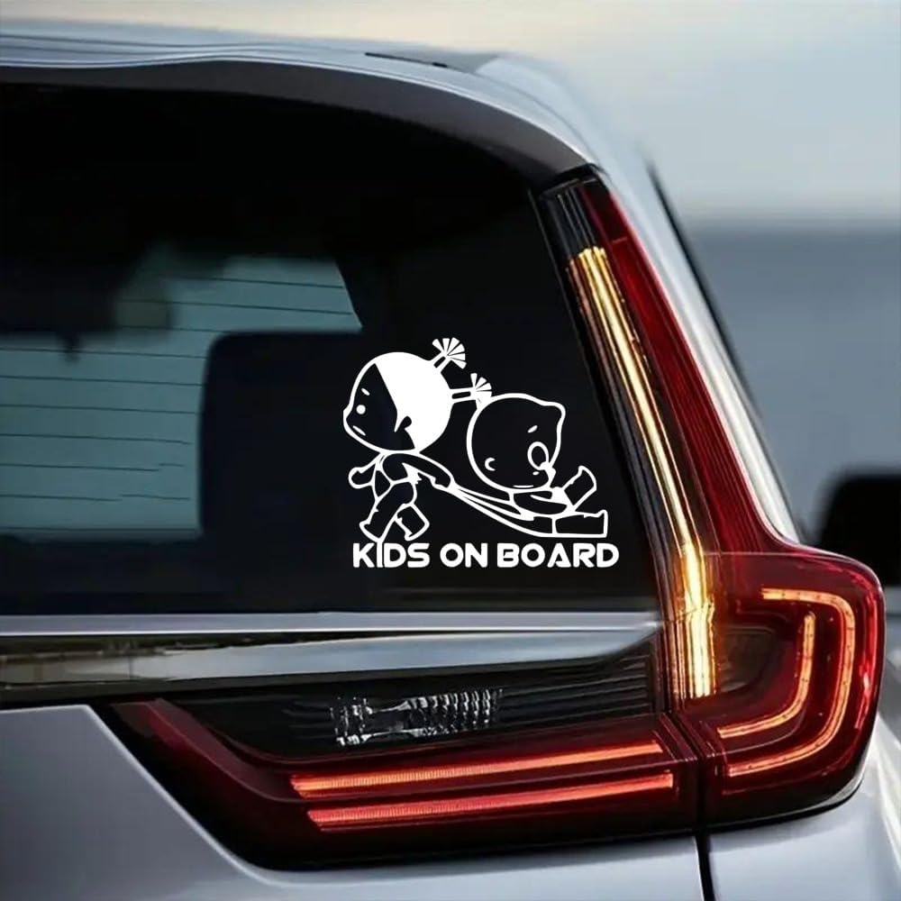 2PCS Kids On Board Kids Safety Decal - 7.1"x5.9" Vinyl Sticker for Car Rear Windshield - Baby In Vehicle Warning Sign | #AZ30 (White)