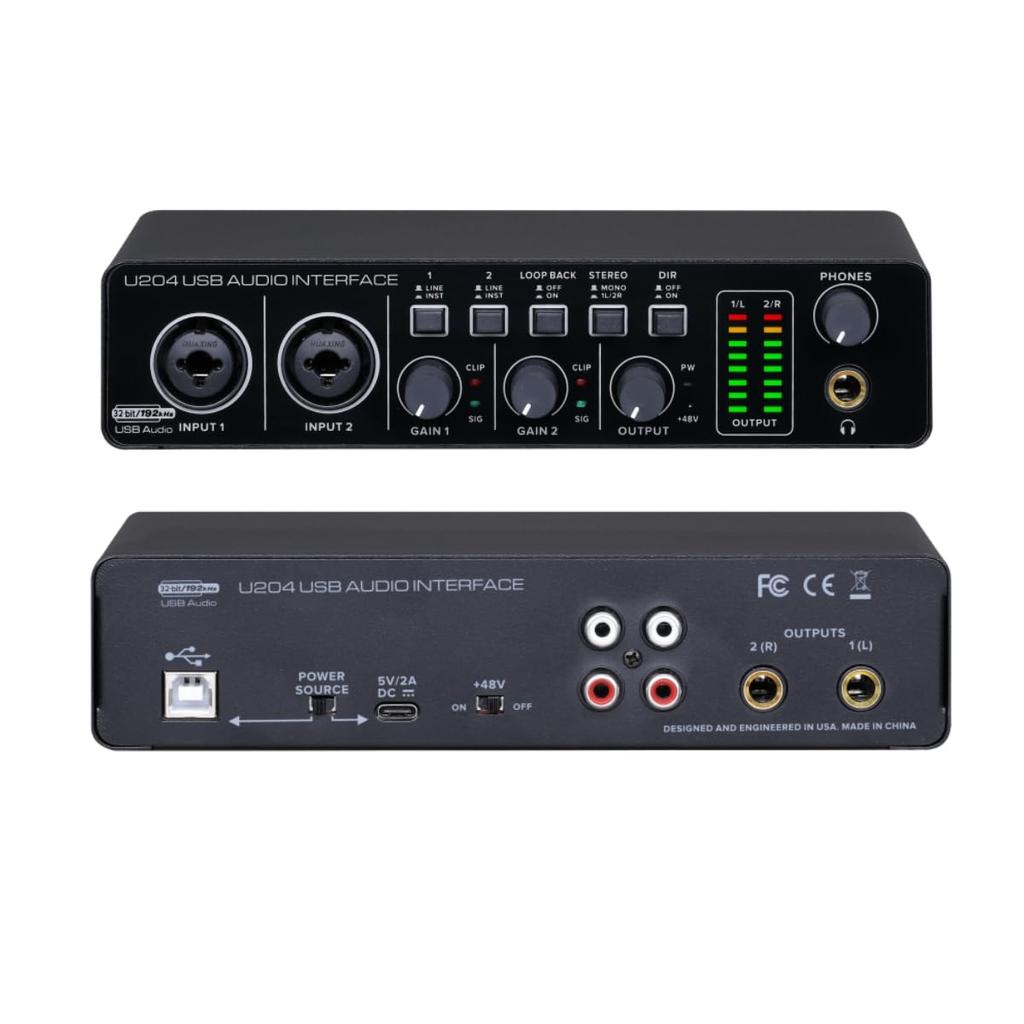 BOMGE U204 USB Audio Interface for PC Computer Music Recording, 2x2 Guitar Audio Interface for Mac, 32-bit/192kHz, Podcast Streaming, Vocalist/Produce