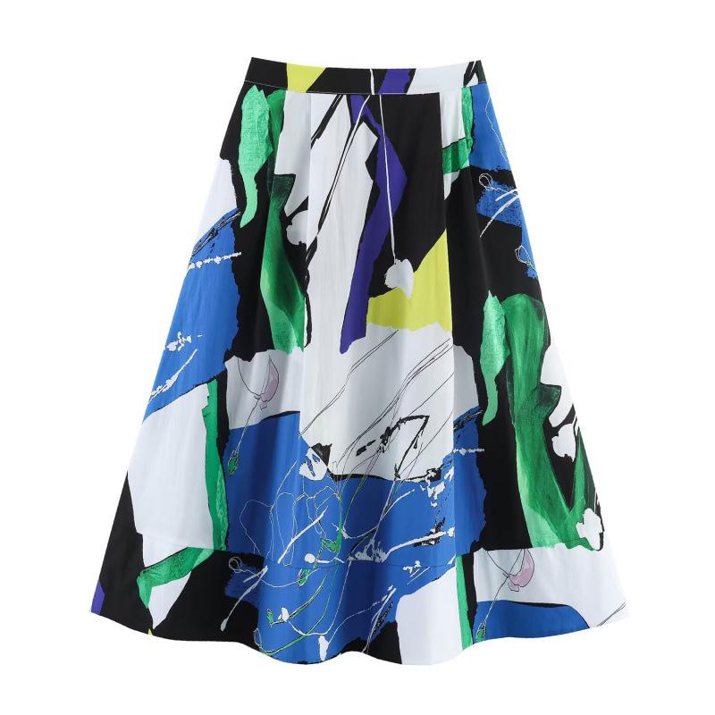 2026 Spring European & American Style Printed Pleated Midi Skirt Small