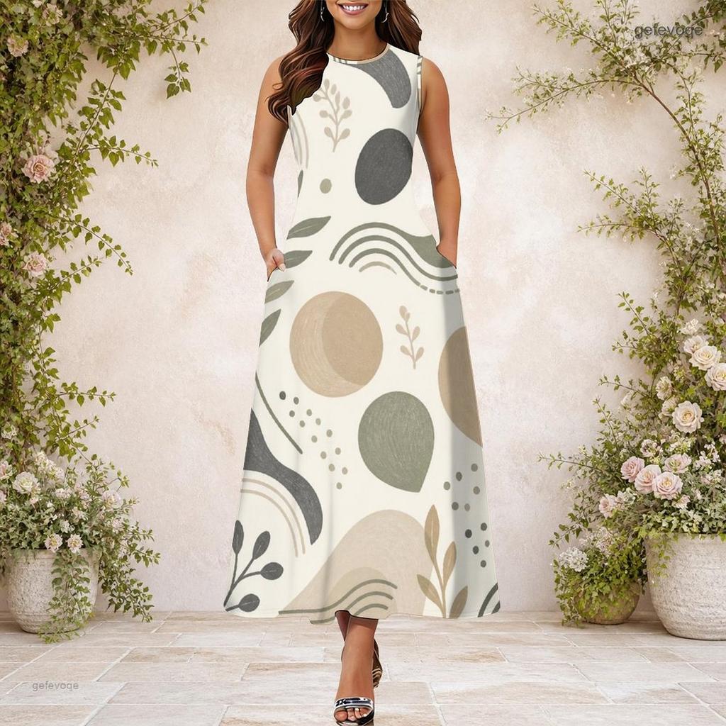 Rochie Maxi A-Line Imprimată Fără Mâneci cu Gât Rotund pentru Femei Mărimi Mari cu Buzunare Laterale
