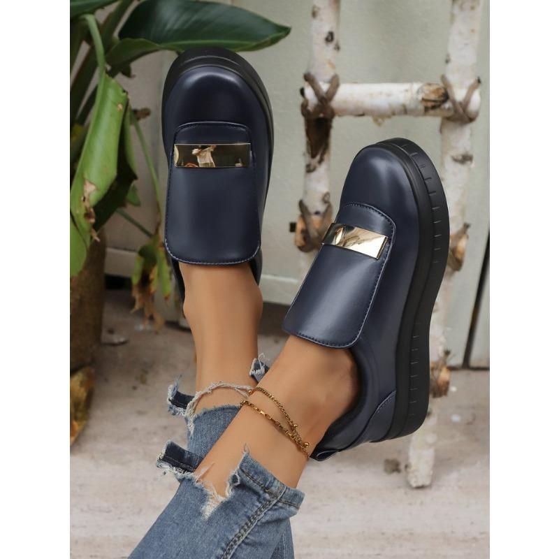 New Autumn European American Style Women's Thick Soled Solid Color Metal Flat Casual Shoes