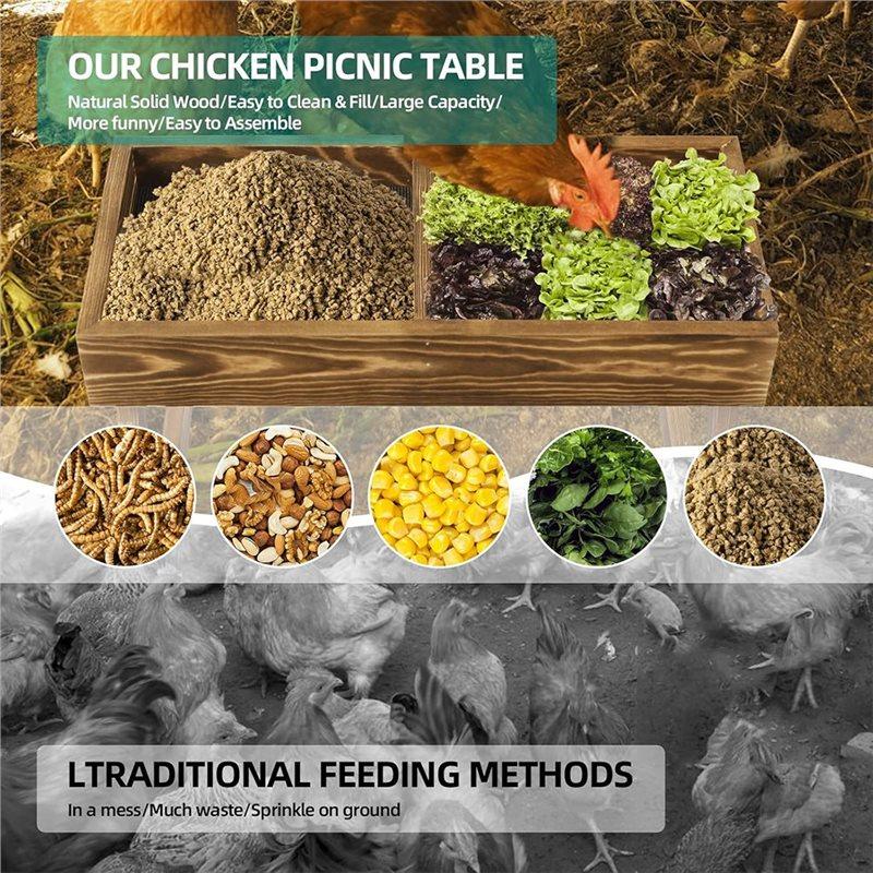 Premium-Chicken Table No Waste, Chicken Picnic Feeder Handmade Carbonized Wooden, Large DIY Feeder Kit