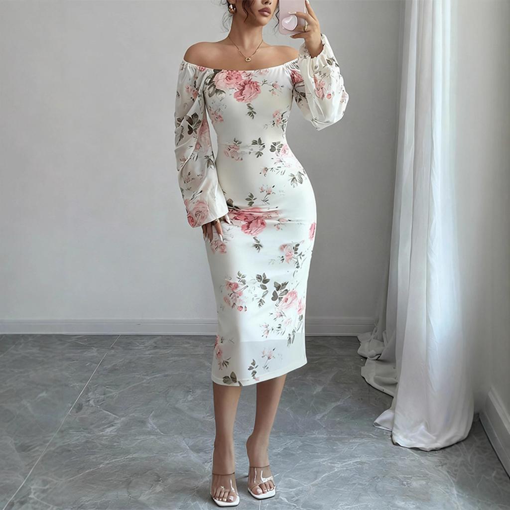 Sexy Temperament Flower Dress 2025 Autumn New Model Socialite Mesh Square Neck Pleated Women's Waist Pencil Skirt