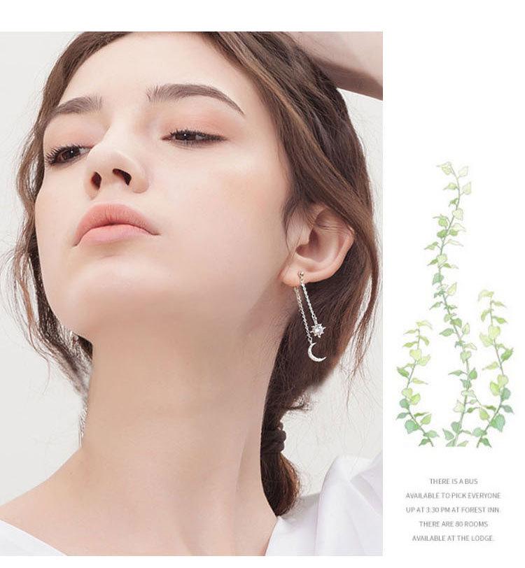 925 Sterling Silver Star & Moon Diamond Long Earrings for Women - Korean Fashion Jewelry
