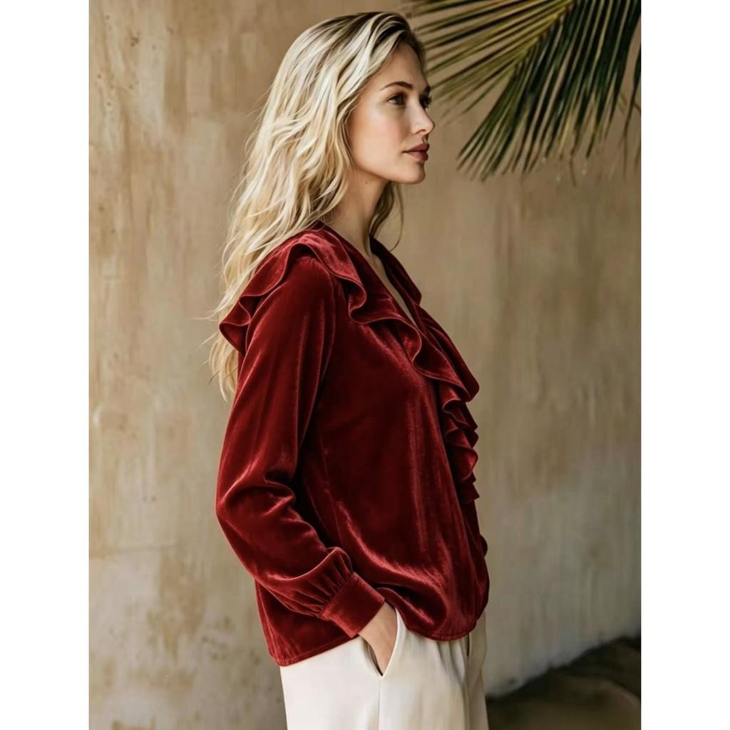 Blouses & Shirts - Fall Women's Velvet V-Neck Ruffle Elegant Blouse, Casual Fashion Top Women